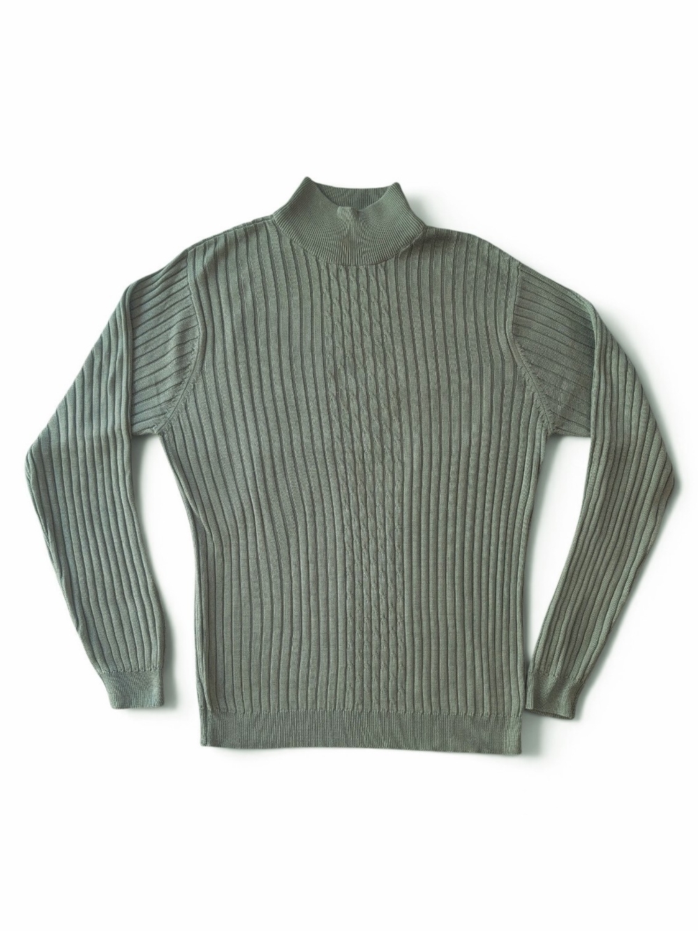 Talbots M 100% Silk Sage Green Ribbed Knit Mock Neck Sweater Cable Detail